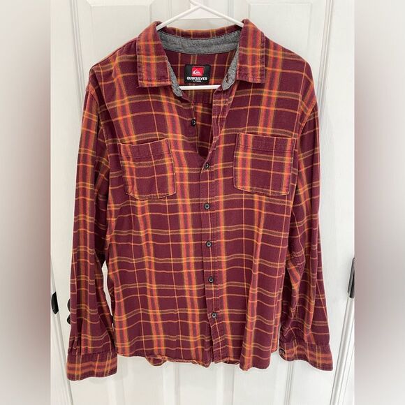 Quicksilver Red Brown Orange Flannel Button Down Shirt Men’s Size L - Picture 1 of 6